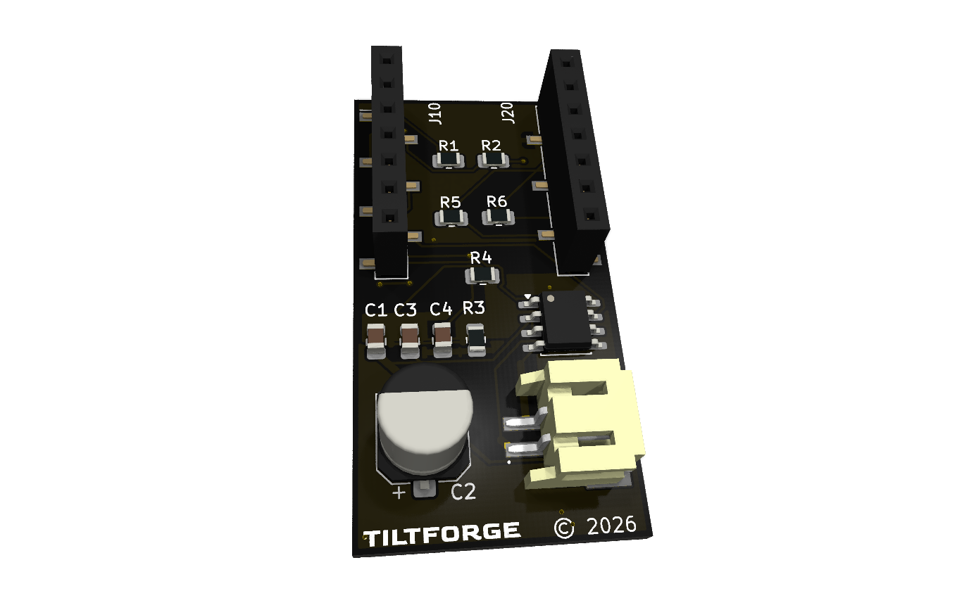 Render of the TiltForge Rev D control board — two header rows, passives, the driver IC, a JST lead connector, and TILTFORGE © 2026 on the silkscreen