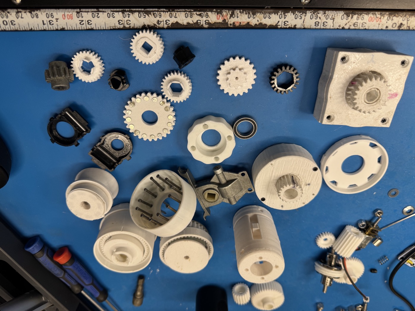Every prototype from eight months spread on the bench