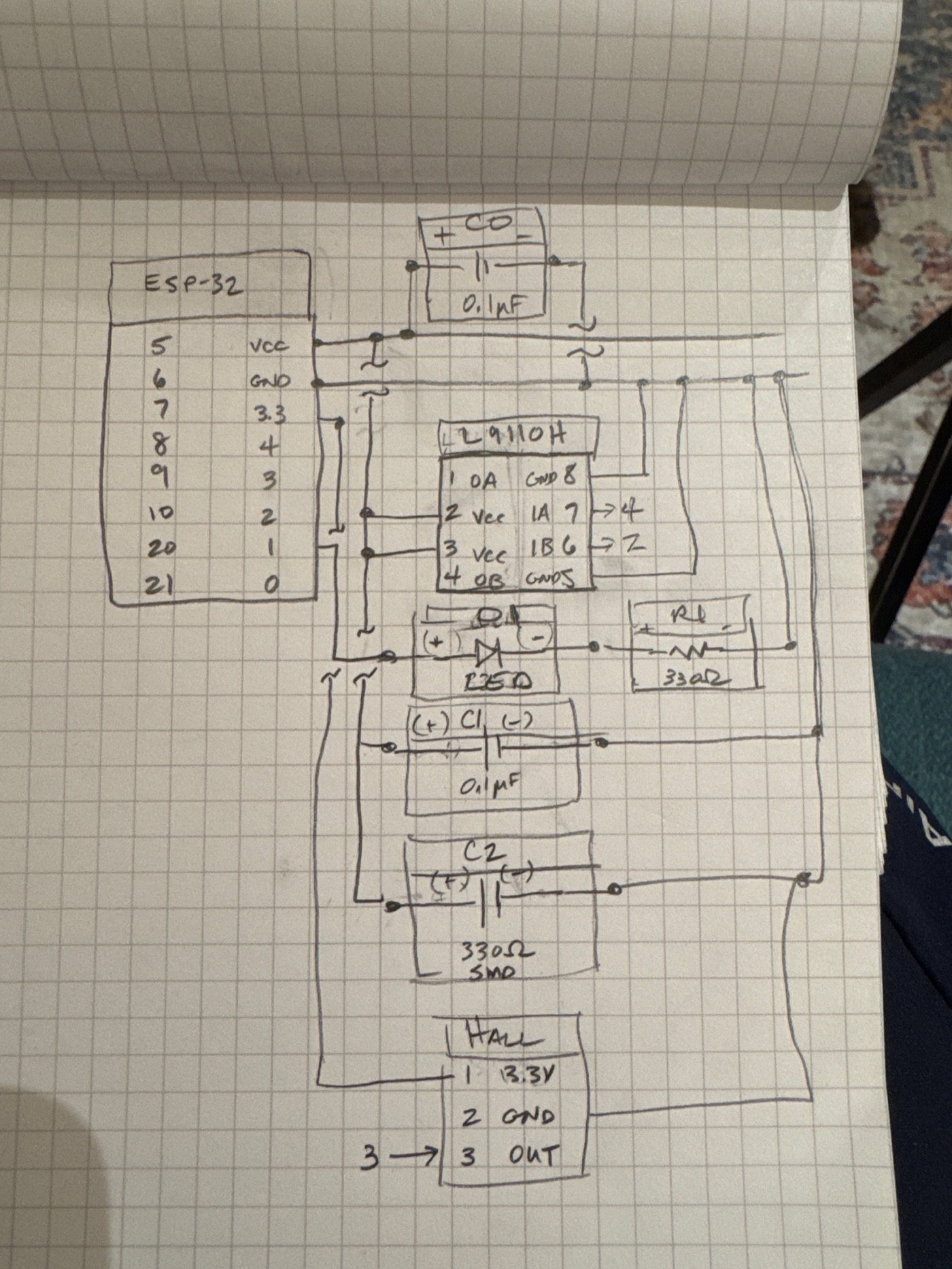 Hand-drawn ESP32 wiring schematic