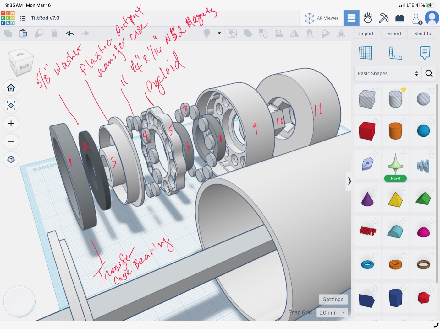 Annotated exploded CAD view of the v9 assembly