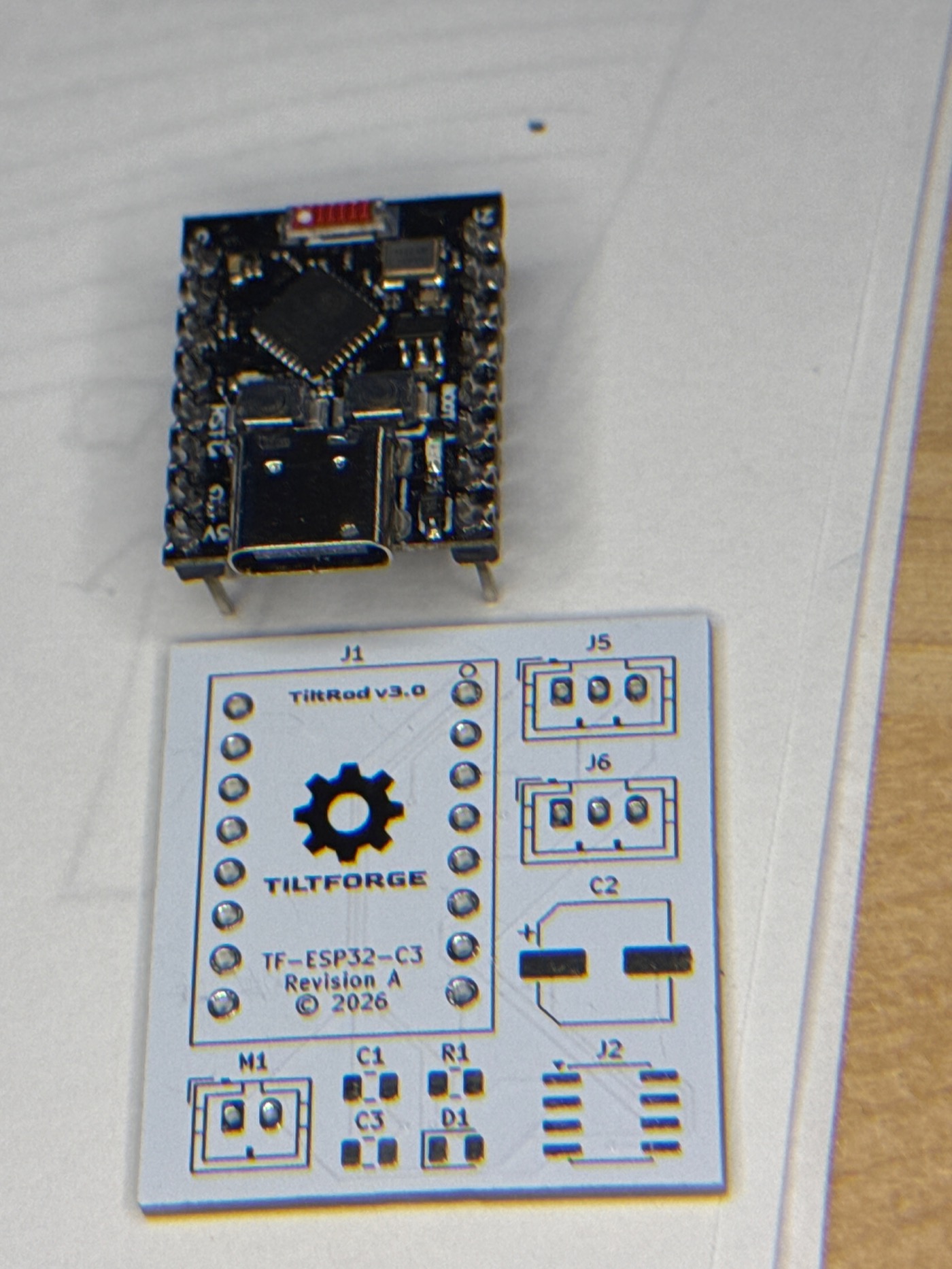 First populated TiltForge PCB with ESP32