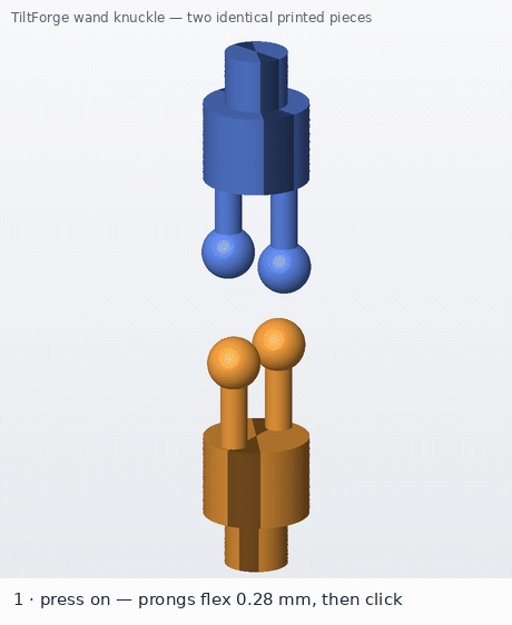 Animated four-ball snap knuckle — two identical pieces snapping together and articulating while transmitting rotation