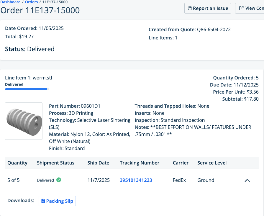 Xometry order 11E137-15000 — five SLS nylon worms, $19.27 delivered