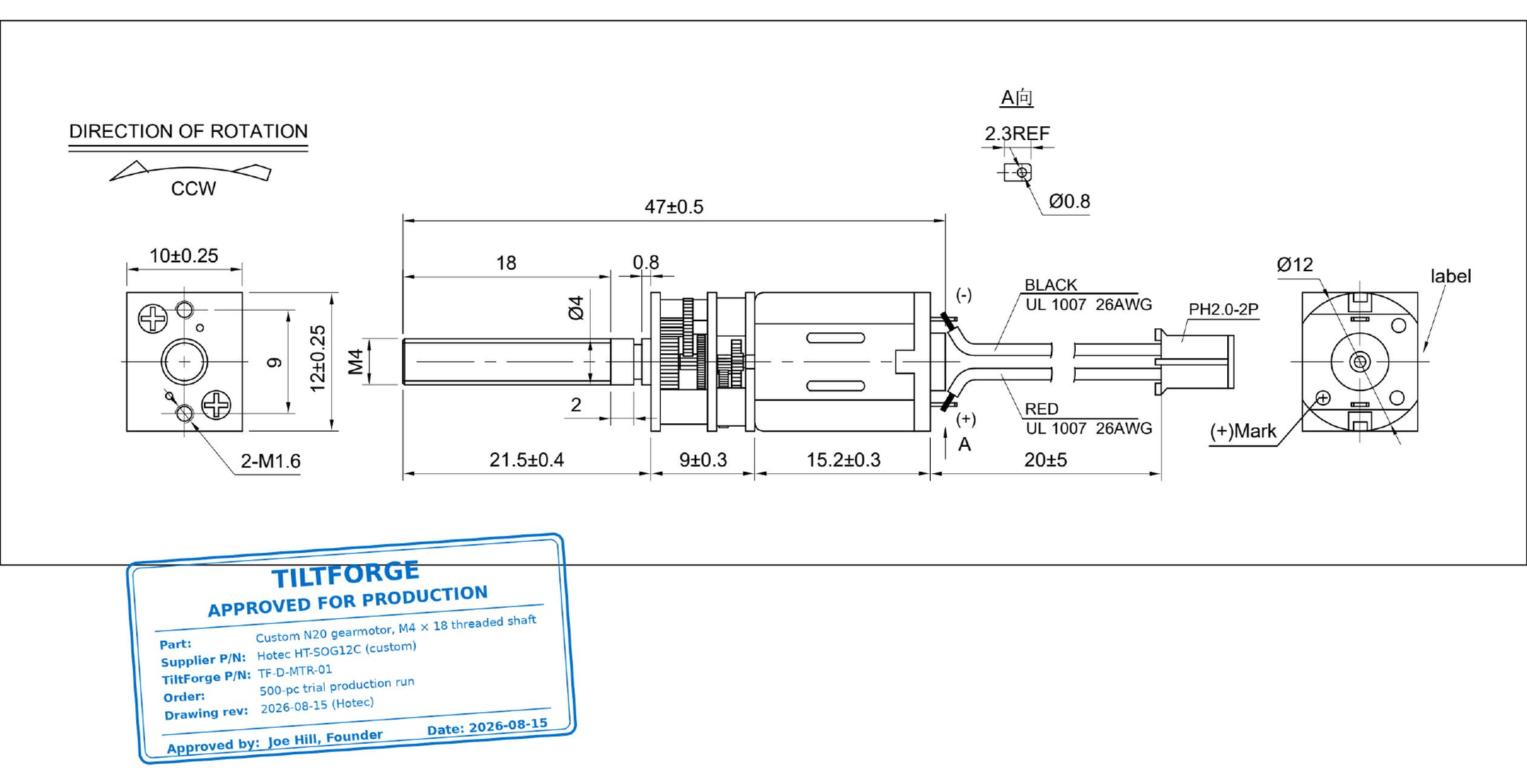 Dimensioned drawing TF-D-MTR-01: 47 mm overall, 21.5 mm exposed shaft, 18 mm M4 thread past a 0.8 mm relief and a 2 mm plain Ø4 land, CCW, PH2.0 lead
