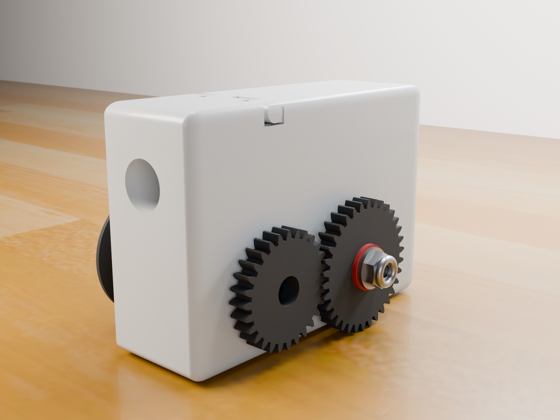 TiltForge Beta blind tilt motor — resin enclosure with black nylon drive gears