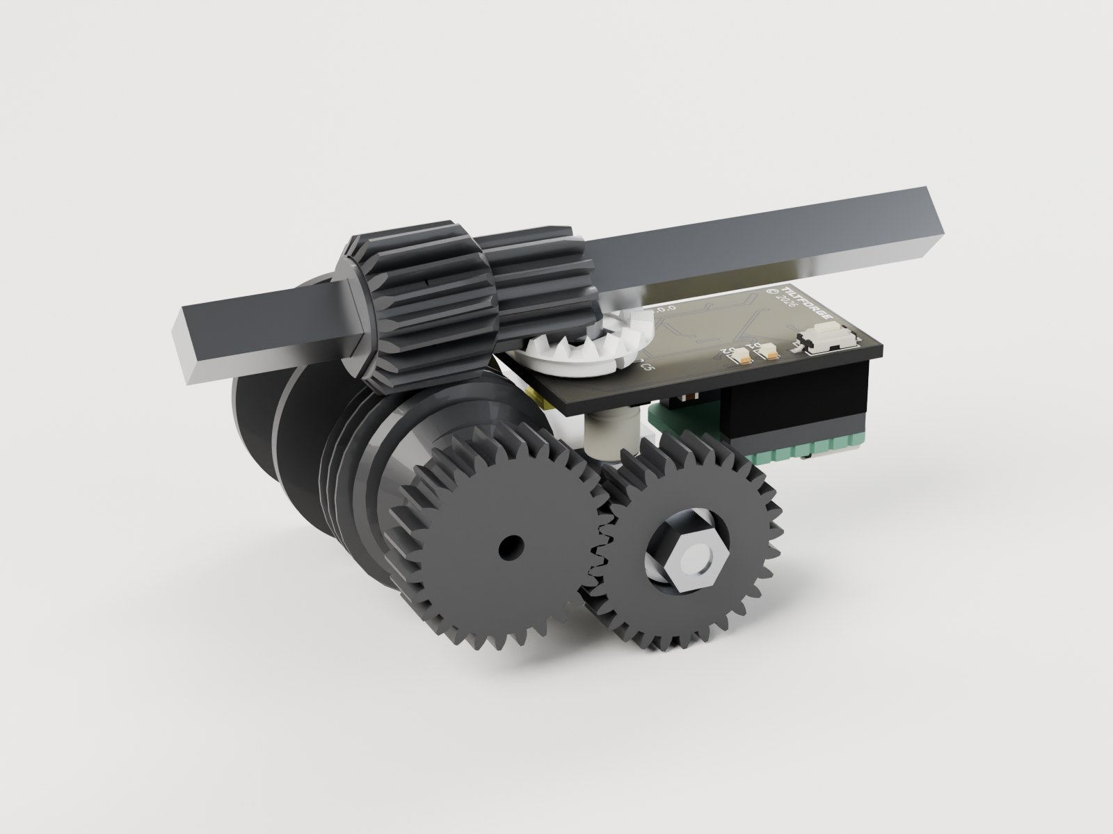 TiltForge Final Beta with the shell removed — worm driving the worm wheel on the tilt rod, crown gear over the Rev D board